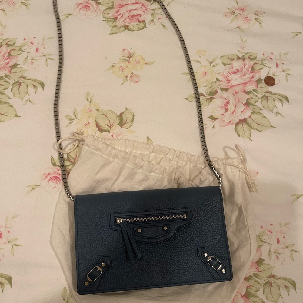 Authentic Balenciaga city arena wallet on chain in blue leather